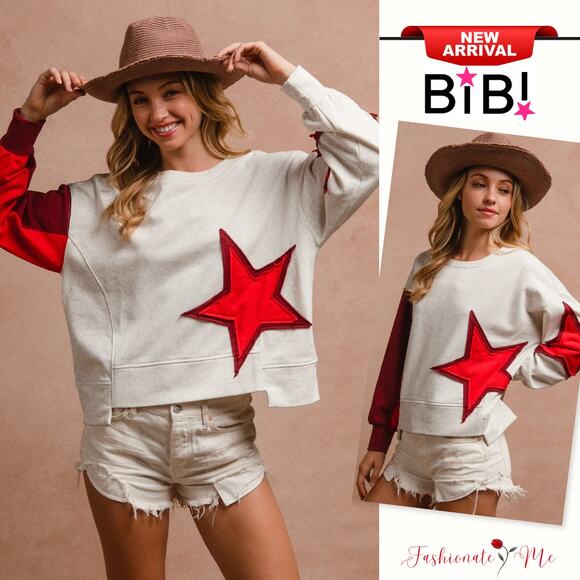 BiBi Star Patch Detail Spliced Hem French Terry Long Sleeves Sweatshirt | Ivory - Picture 1 of 9